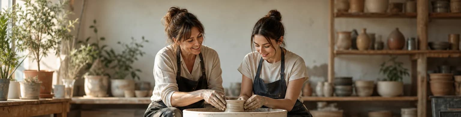 A beginner learning to center clay on a pottery wheel during a class