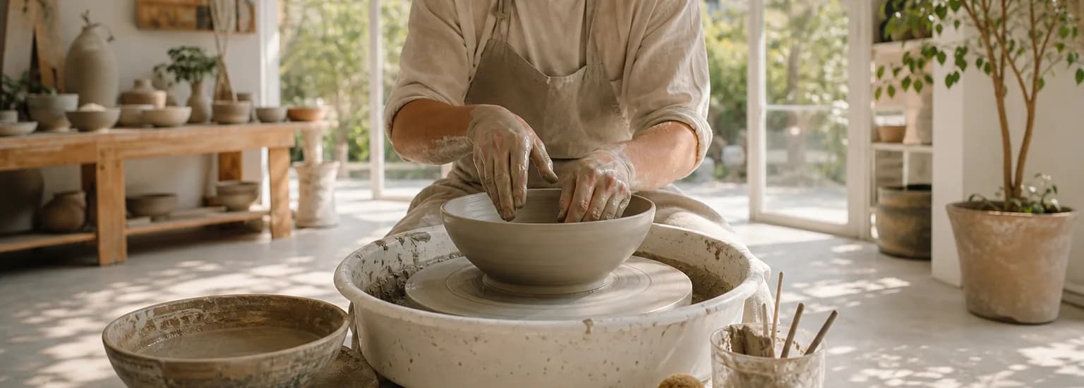 Hands shaping a bowl on a pottery wheel during a summer class in NYC
