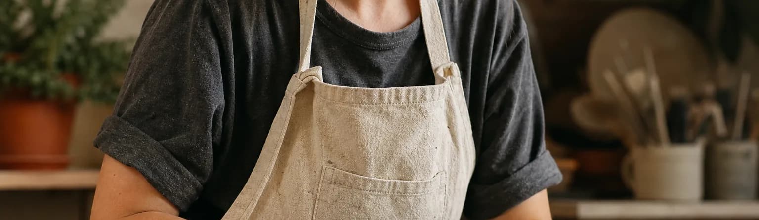A person wearing an apron and casual rolled-up sleeves shaping clay during a pottery class