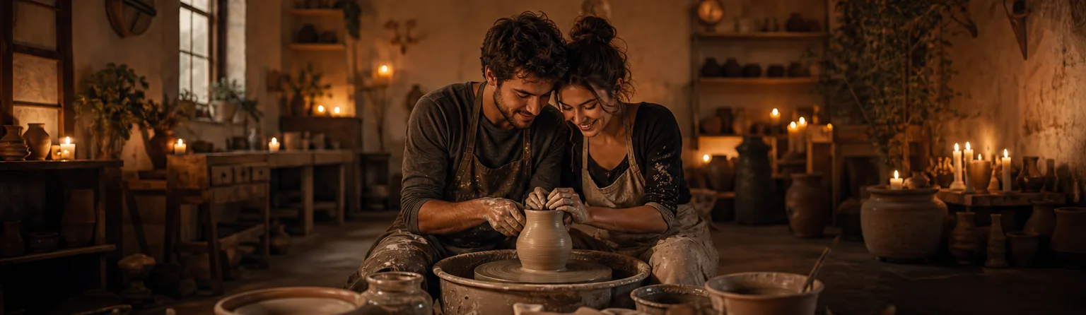 A couple shaping clay together on a pottery wheel during a date night